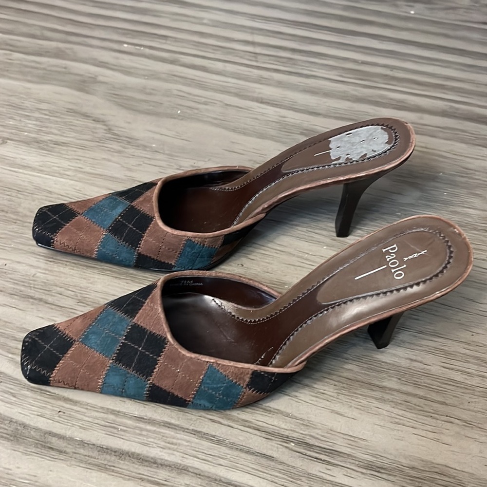 PAOLO PATCHWORK LEATHER CLOSED TOE SLIDE HEELS VINTAGE SIZE 7